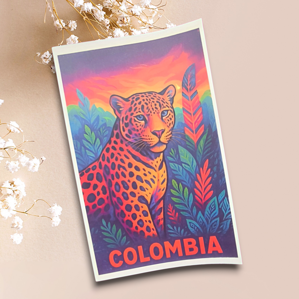 Libreta ilustrada con jaguar entre hojas de colores y texto Colombia