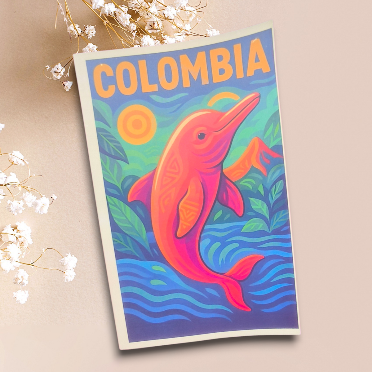 Libreta con delfín rosado, ondas azules, hojas verdes y texto Colombia