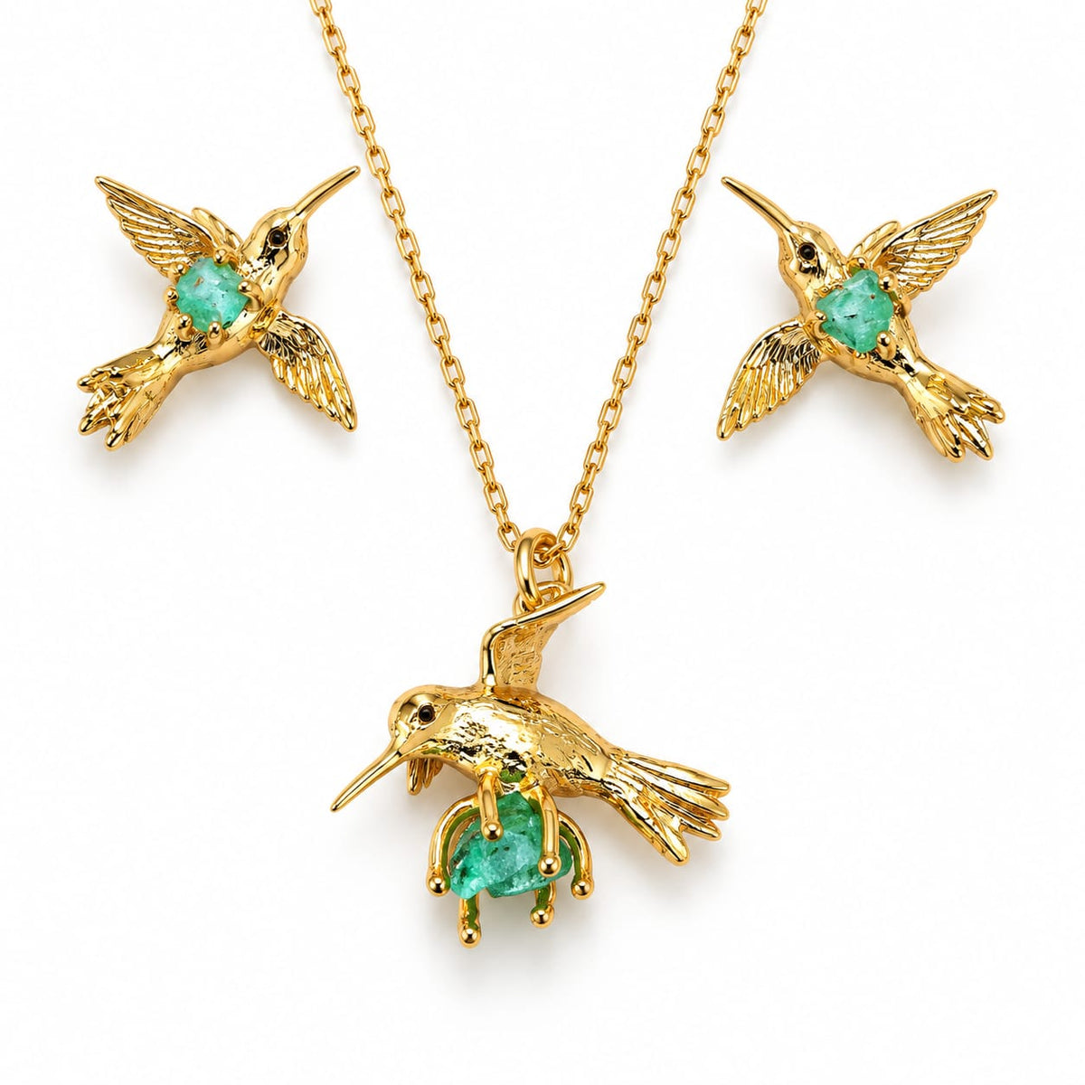 Set Colibríes con Esmeralda en bronce