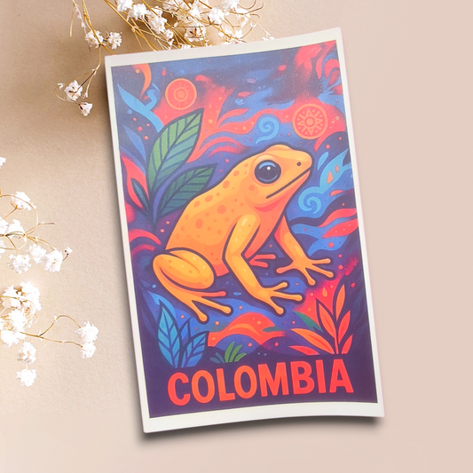 Libreta ilustrada con rana amarilla, hojas de colores y texto Colombia