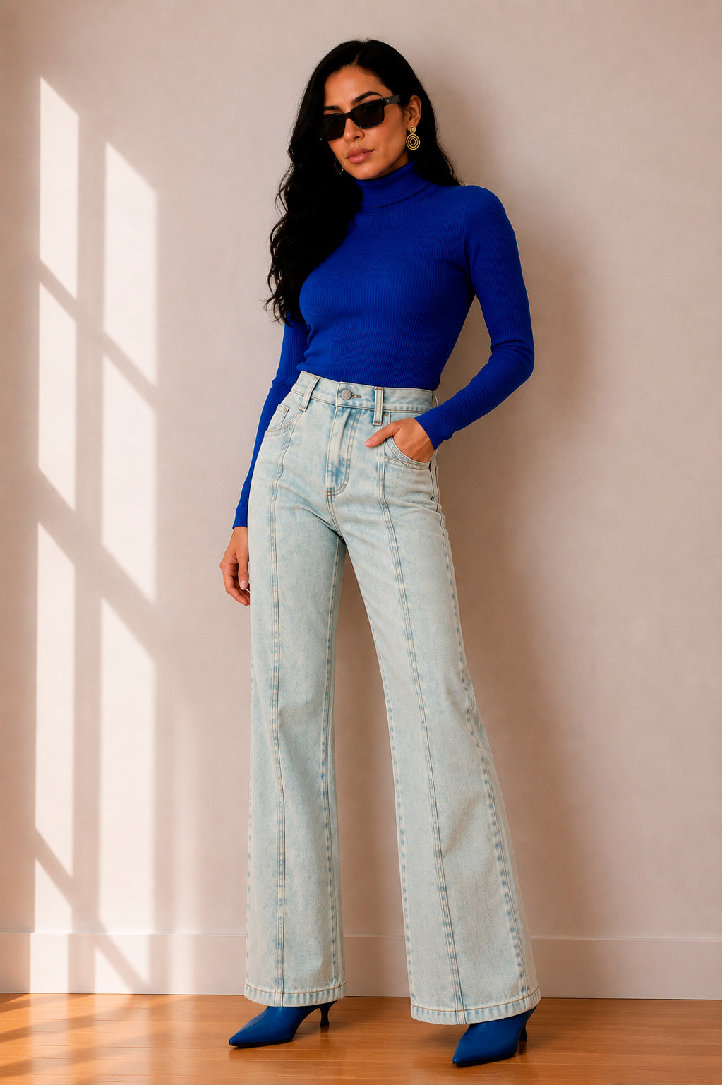Pantalón Jean Wide Leg Costuras Verticales – Azul Claro Lavado