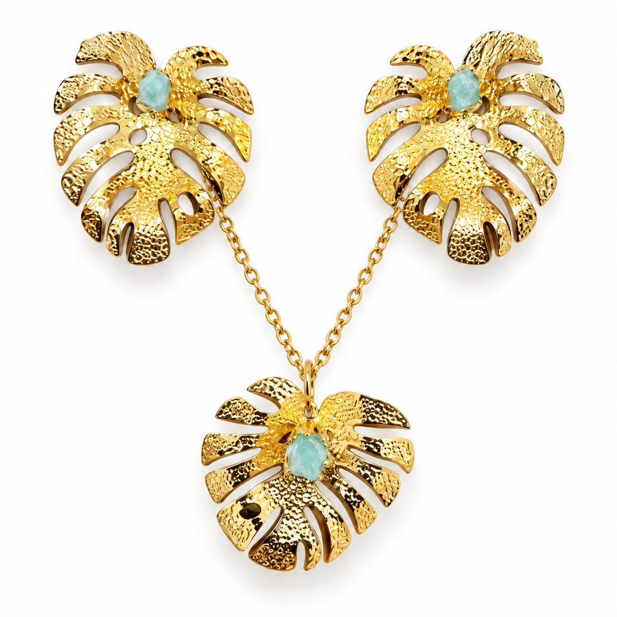 Set Hojas de Monstera con Esmeralda en bronce